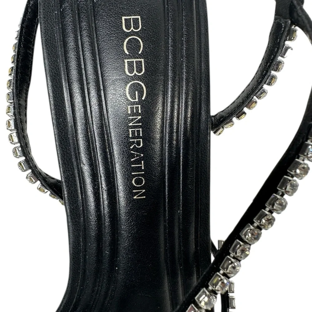 BCBGeneration Ilta Rhinestone Embellished Strap Black Heels Sandals. 7.5